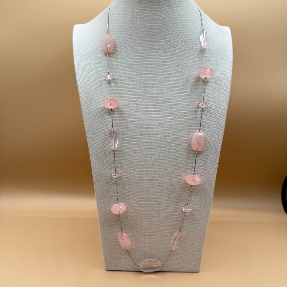 Pink Faceted Bead Station Necklace Silver Tone Chain Coquette Romantic Y2K Gift